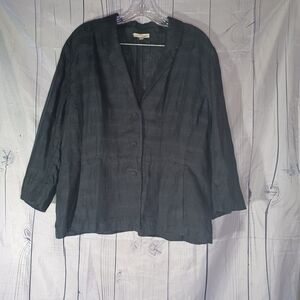 Eileen Fisher 3/4 Sleeve Black Striped Plaid 100% Linen Button-Up Blazer